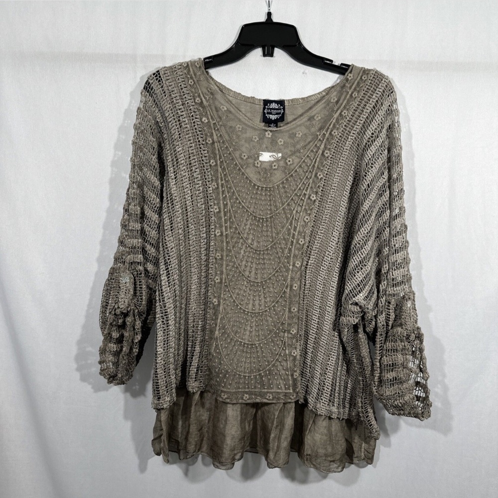 NWT $86 Le Marais Paris [‎ XL ] Floral Embroidery Knit Silk Top in Taupe
